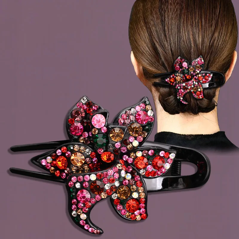 Premium Flower Large Hairpin Back Scoop Rhinestone Duck Mouth Clip Retro Pan Hair Women\'s Headwear