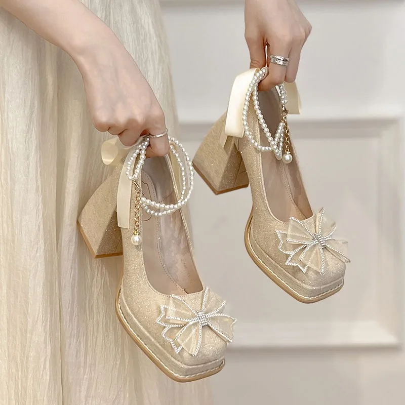 

Fashion Women's Platform High Heels Women's Elegant Bow Bead Mary Jane Wedding Shoes Elegant Thick Heel High Heels Zapatos Mujer