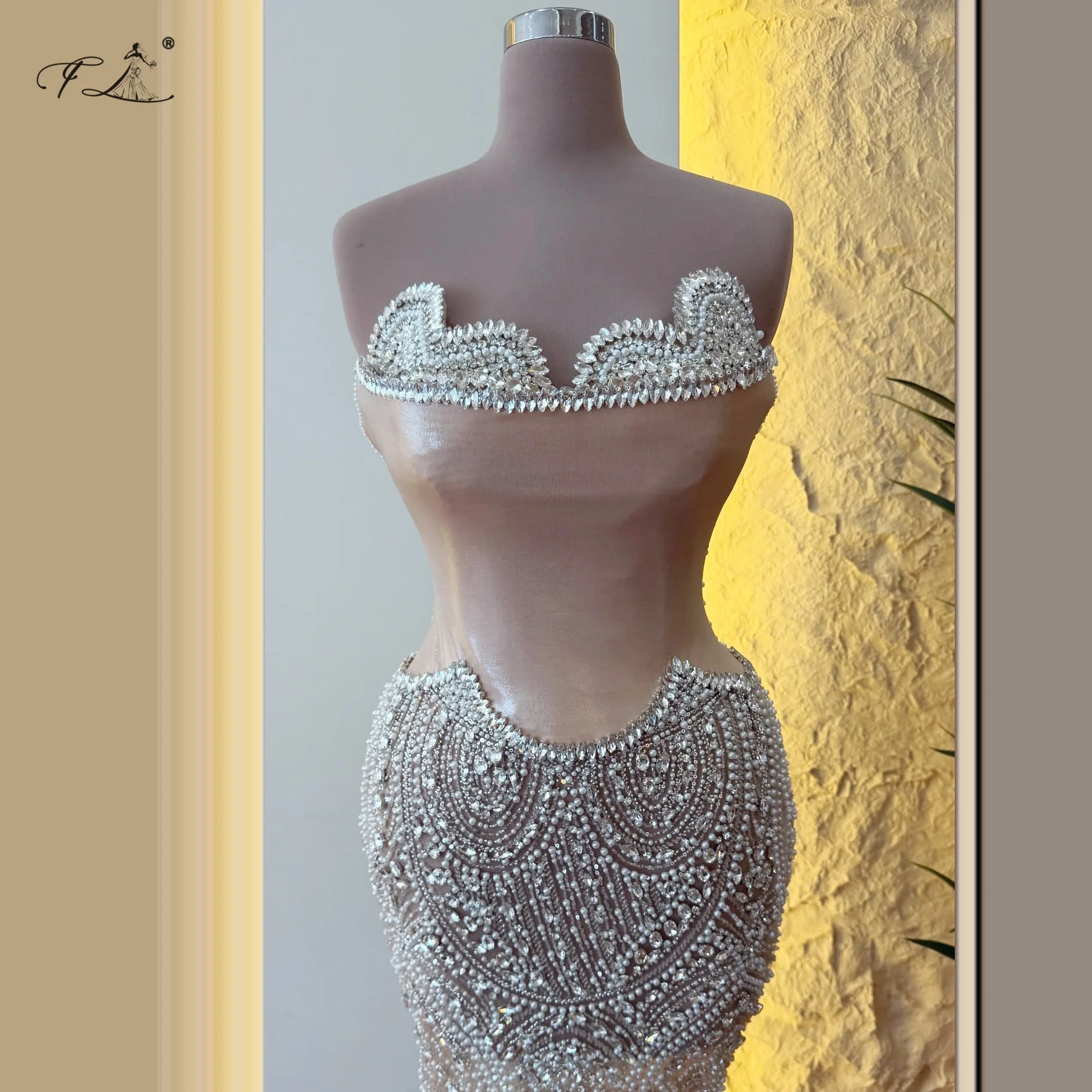 

Элегантное вечернее платье русалки с кристаллами и жемчугом, замшевое тюлевое платье без бретелек, длинное бальное платье, свадебное платье