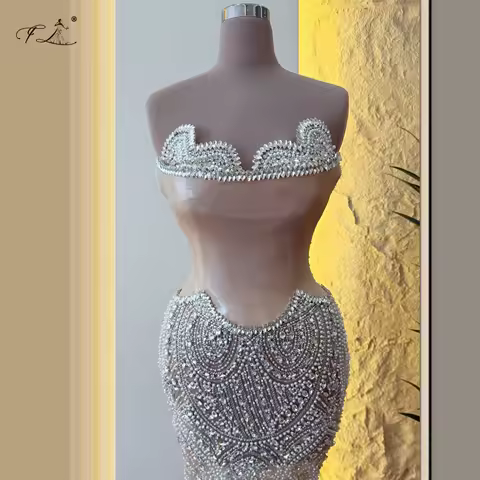 Elegant mermaid evening dress crystal pearl suede splicing tulle dress strapless wrap dress long ball gown wedding party dress