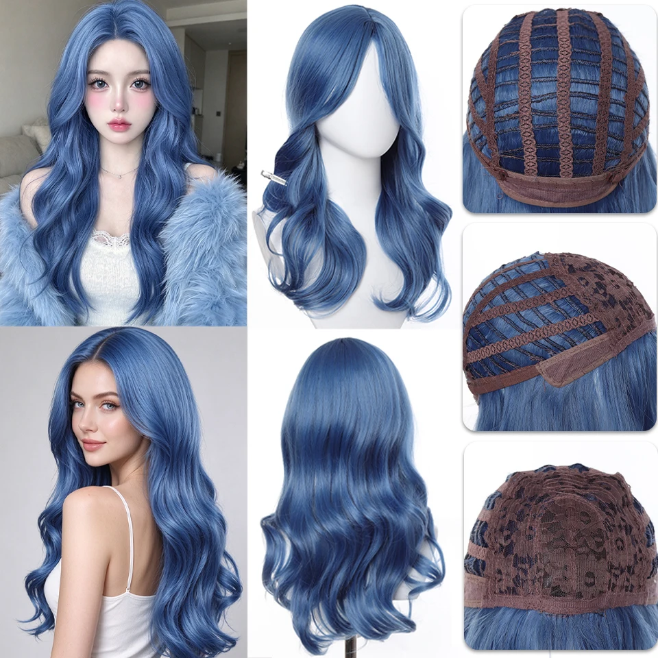 Synthetic Mid Split Bangs Wig With fog Blue Simulation Large Wave Long Curly Hair Cover Suitable for Women's Daily Holiday Party