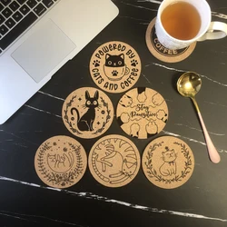 Cork Coaster Engraved Lovely Cat Tea Coffee Mug Drinks Holder for Kitchen Natural Wooden Mat Tableware Round Drink Coaster