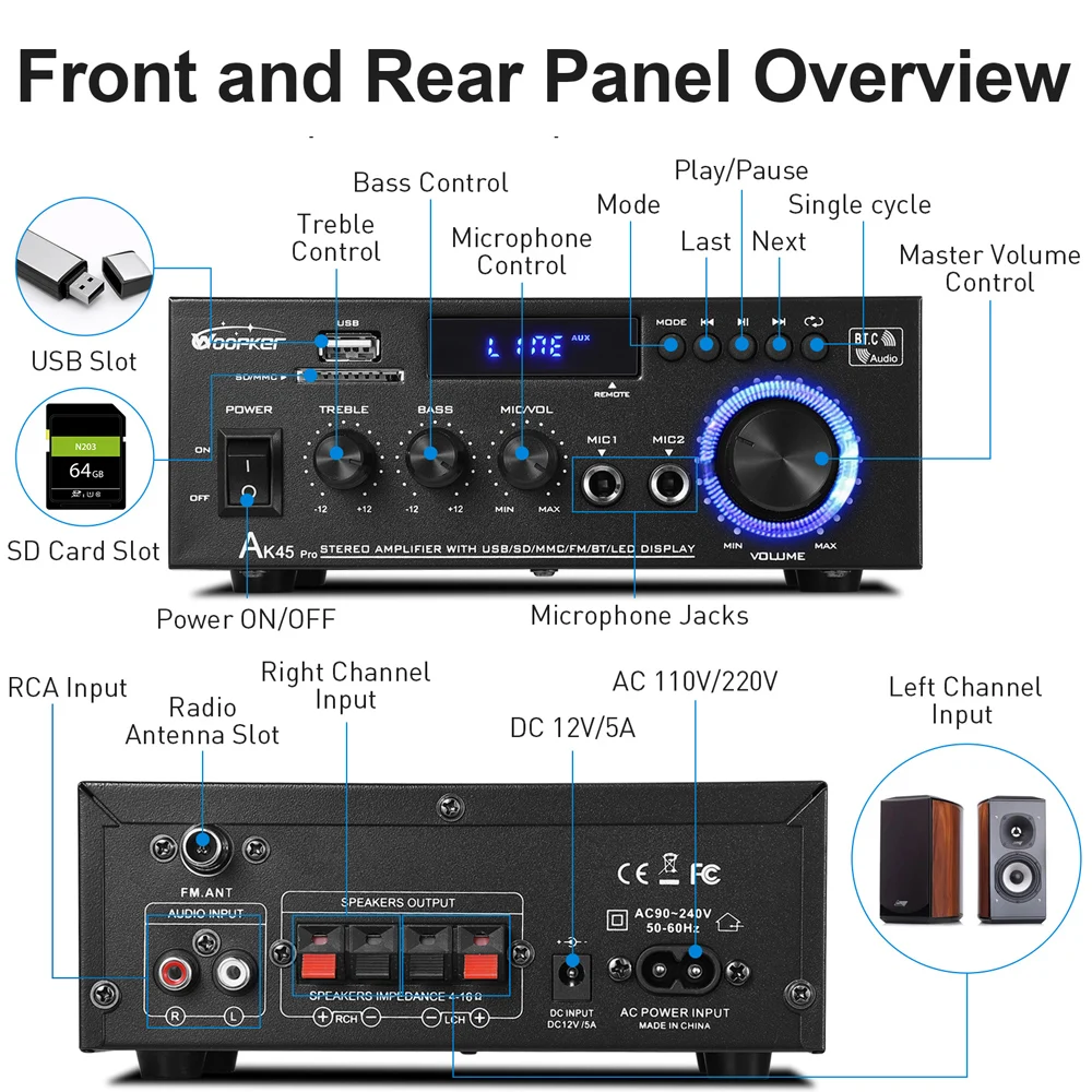 Speaker AK45 PRO New 12V 220V 110V  HiFi Digital Amplifier Max Power 90Wx2 Channel 2.0 Bluetooth Surround Sound AMP