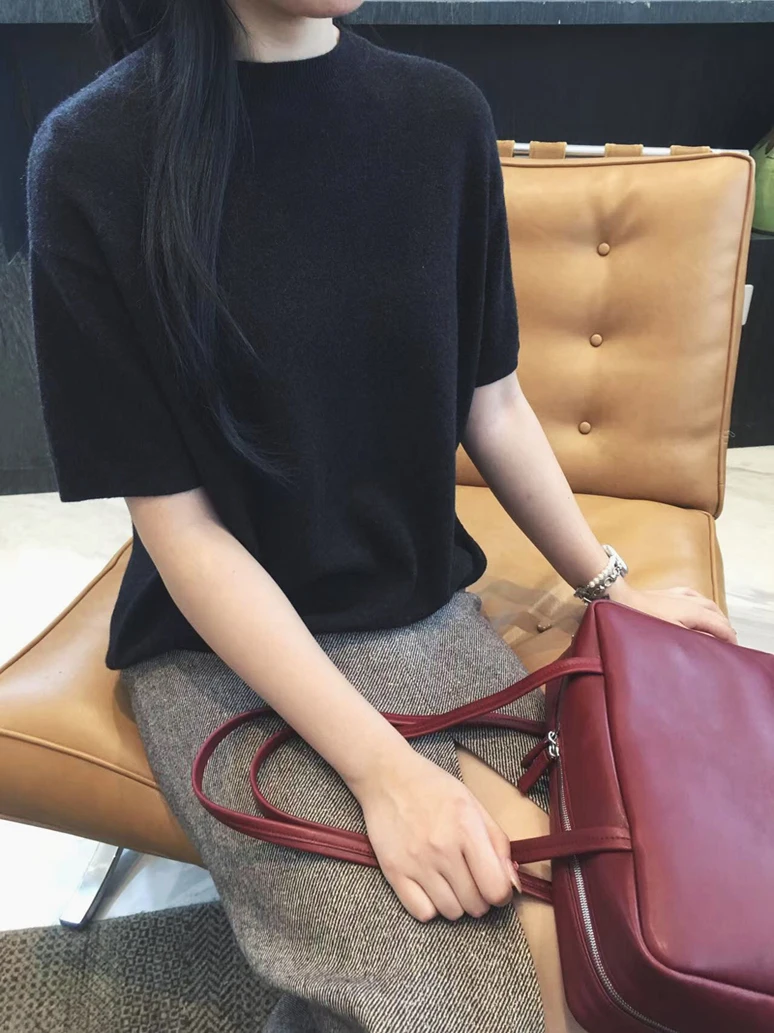 

Cuijia Double Wool Yarn 26 Tead Knitted round Ne Loose Feeling ort Sve Sweater Simple Commute Sle Pure Color