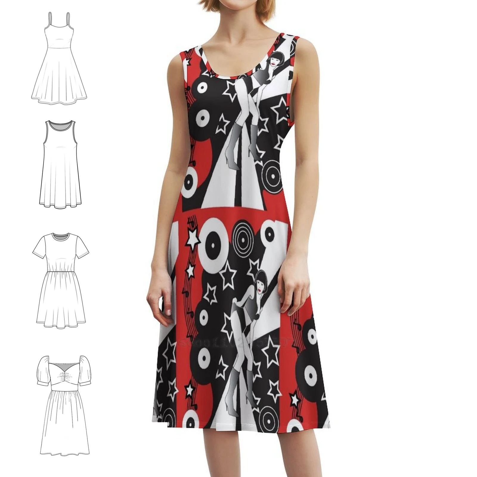 ريترو جلام ديسكوثيك الأحمر بوهو شيك فستان أنيق موضة شاطئ حفل زفاف ثوب أحذية سوداء برقبة Ccw16 سايبر بريق الشفاه الإناث #1