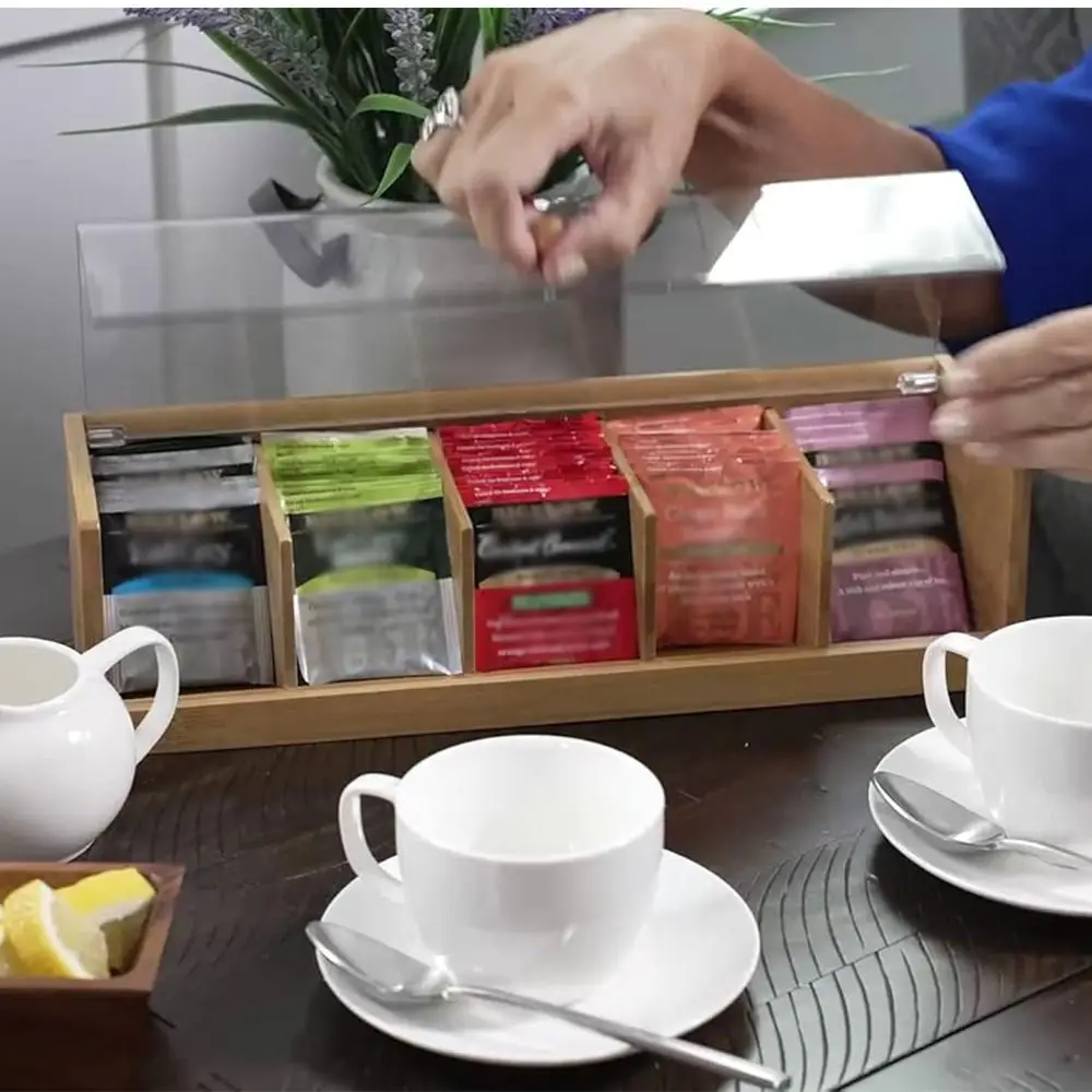 

5 Slots Tea Bag Storage Organizer Bamboo Space Saving Coffee Capsule Storage Box Large Capacity Portable