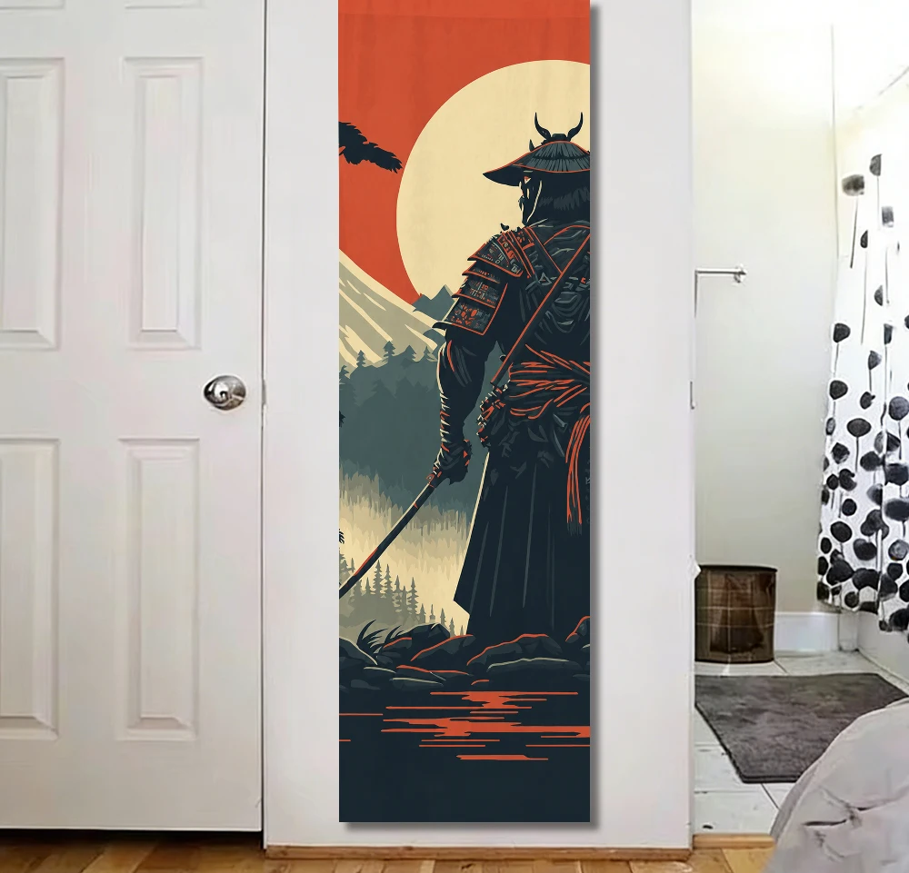 Japanese Samurai Warrior Vertical Wall Tapestry Sunset Mountain Scenery Print Wall Hanging Asian Aesthetic Home Bedroom Living