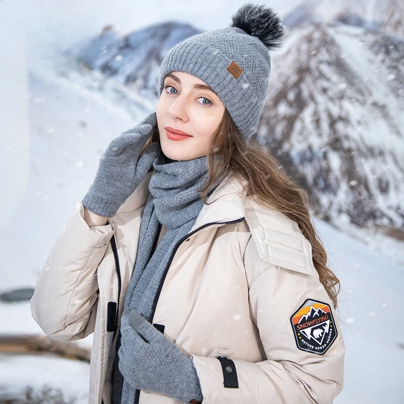 Conjunto de tres piezas cálido para hombre y mujer, gorro grueso a rayas de punto de lana a prueba de frío para viajes al aire libre, Universal, a la moda