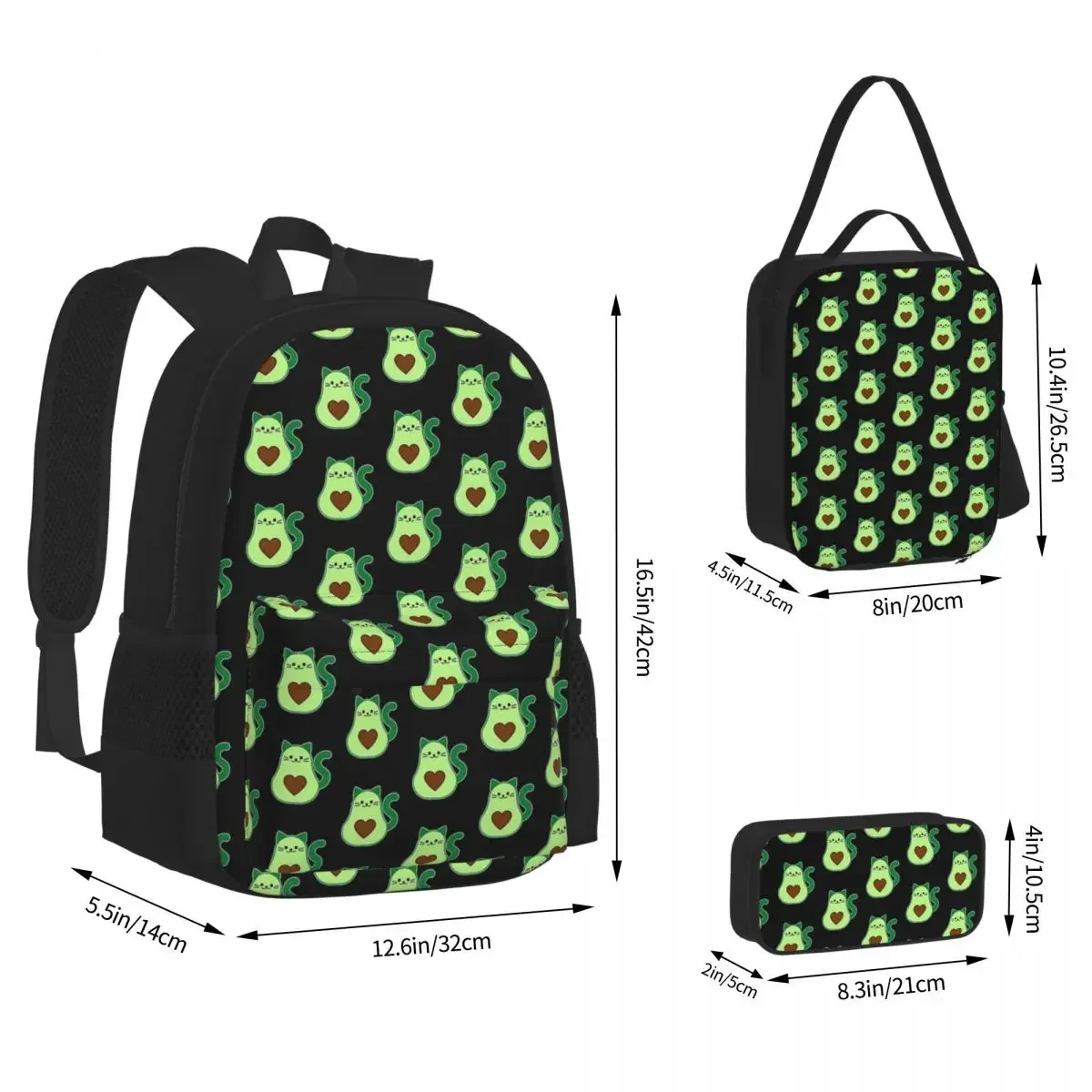 

Avocado Cat - Avogato- Avocato - Avocado Lover Cat Lover Backpack Bookbag Children School Bag Lunch Bag Pen Bag Three-Piece Set