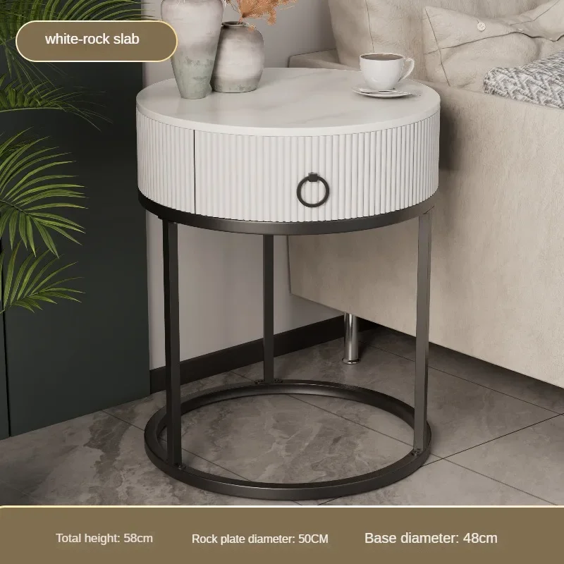 Round End Table 50cm Rock Plate Accent Table With Storage Drawer Gold Metal Frame Ideal for Nightstands or Small Spaces