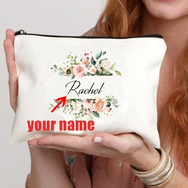 حقيبة مستحضرات تجميل من القماش مخصصة مع اسم شخصي لتخزين أدوات الزينة بنمط الأزهار للسفر للاستخدام اليومي وهدايا وصيفة العروس #2