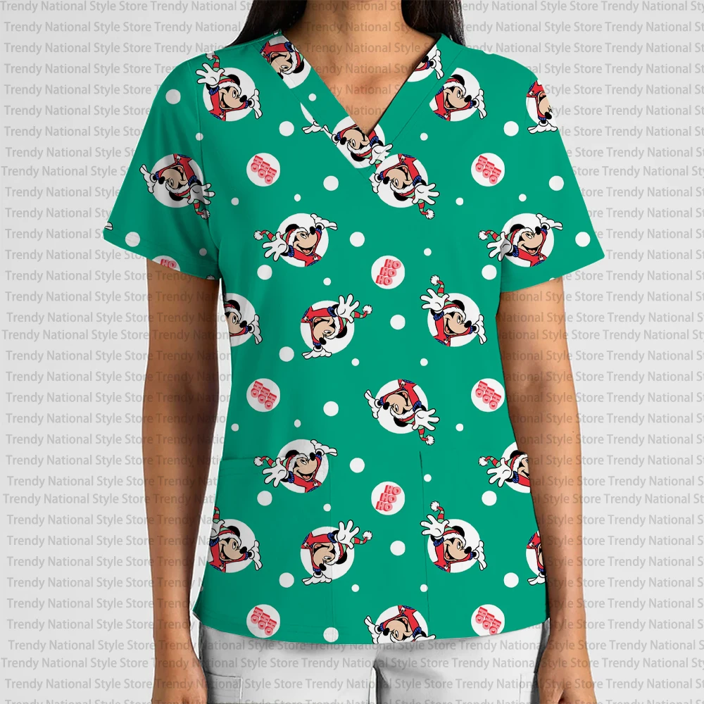 New Christmas Snowflake Mickey and Minnie Elegant Temperament Women's Work Uniform Print Frosted Top with V-Neck Pocket T-Shirt