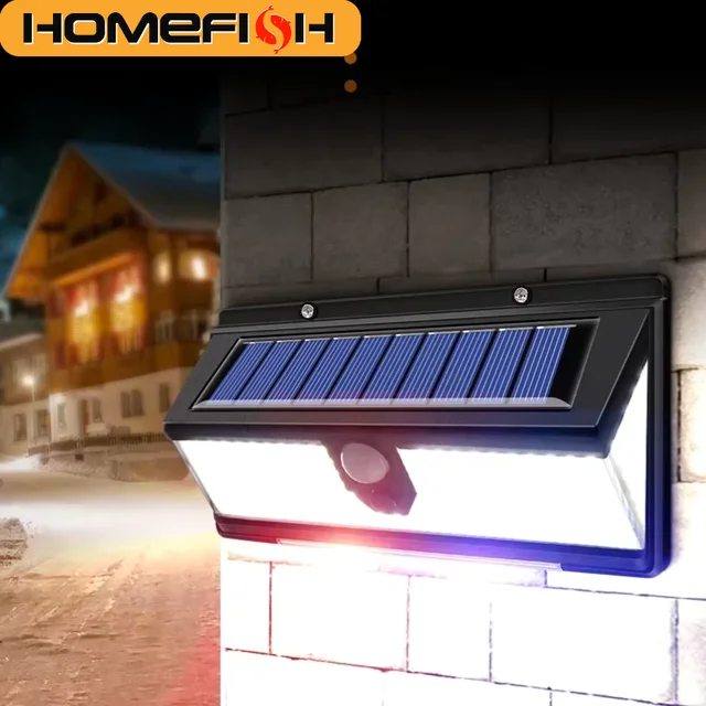 HOMEFISH 190-LED Solarna Lampa Ścienna z Czujnikiem Ruchu Zewnętrzna IP65 Wodoodporna 4-trybowa Solarna Lampa Dekoracyjna do Ogrodu na Podwórko, Drzwi, Patio