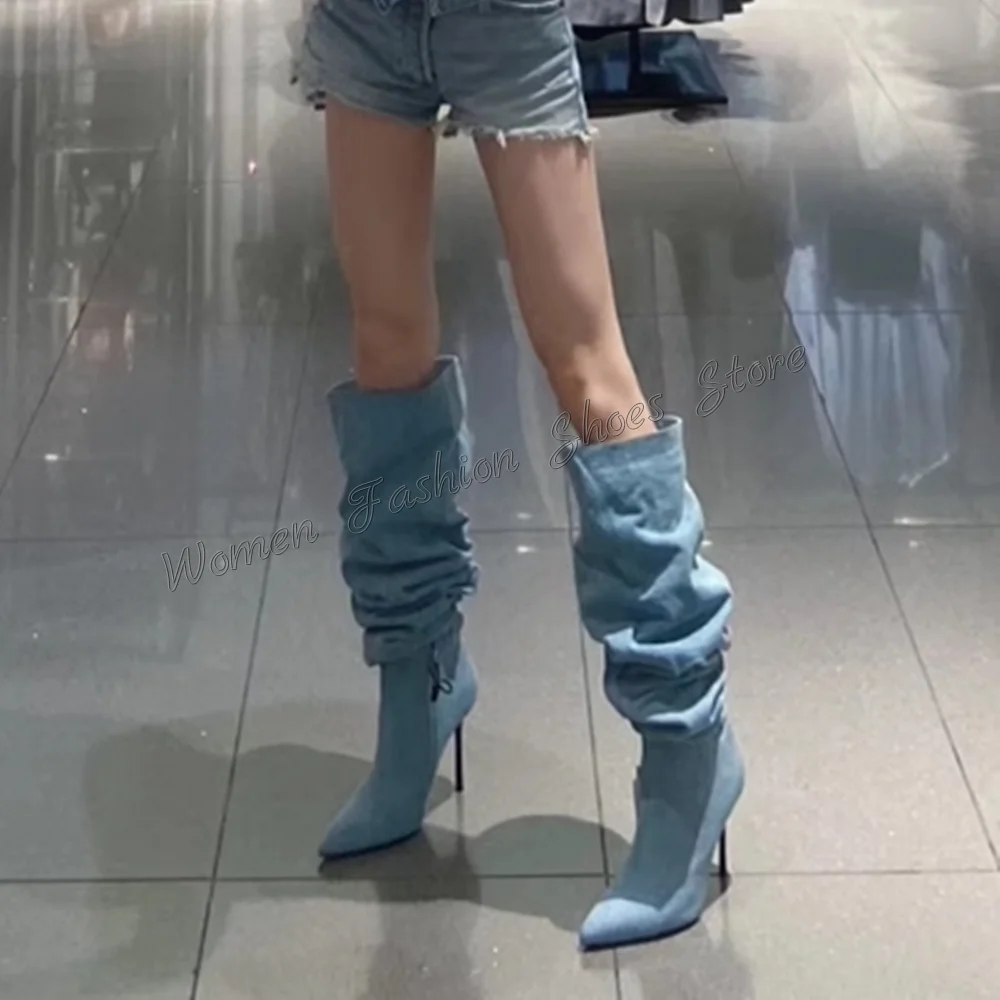 데님 플리츠 슬립온 부츠 니하이 스틸레토 하이힐 여성용 패션 힐 2025 신상 여성화