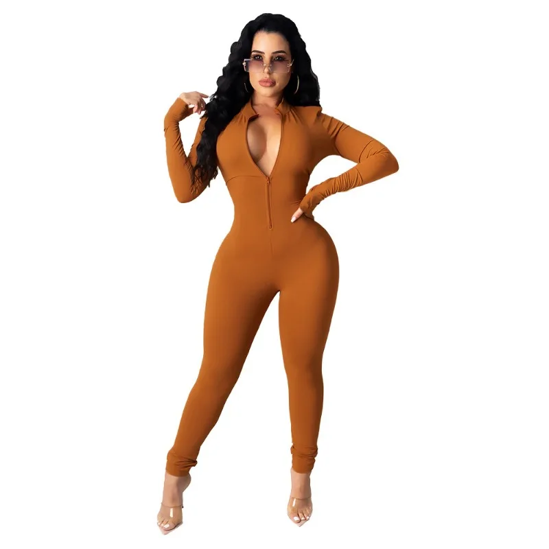 A Women's Jumpsuits Women's Casual Soft Long Sleeves Zip Up Slim Bodycon Sexy Dropshipping Playsuits