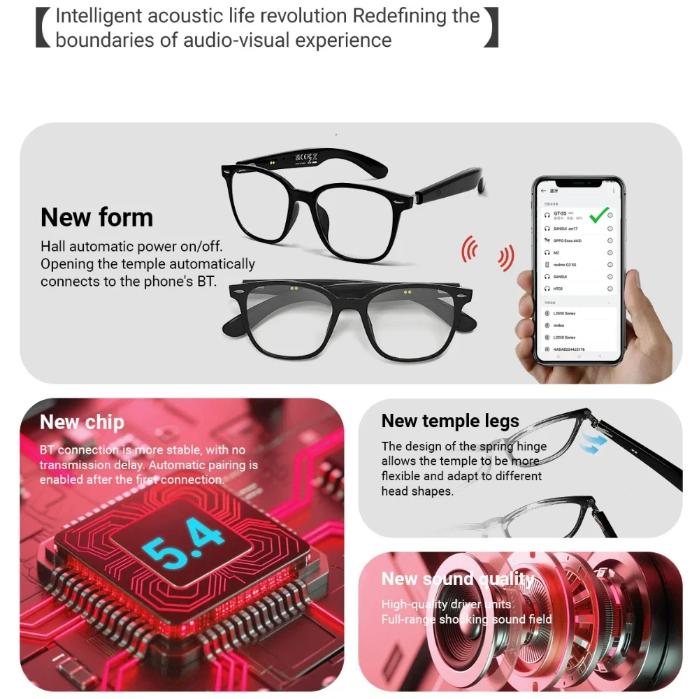 GT-35 HD AI Smart Glasses Chat 50mA*2 battery Battery Voice Assistant Control Camera Bluetooth Call Smart Glasses