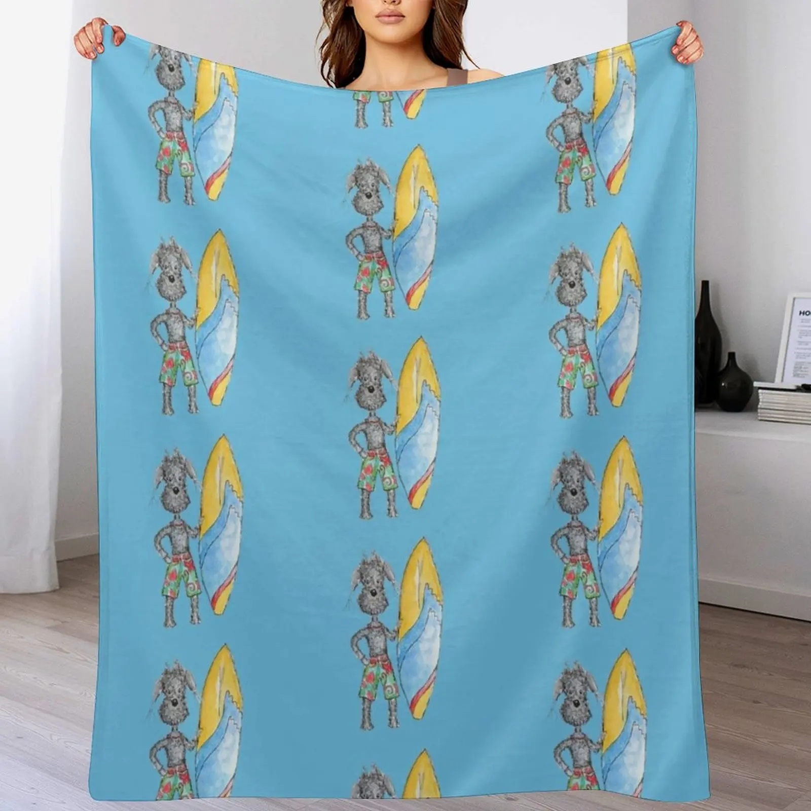 

Grey dog with surfboard, Bedlington Terrier Dog, surfing, beach Throw Blanket halloween anime Quilt Plush Blankets