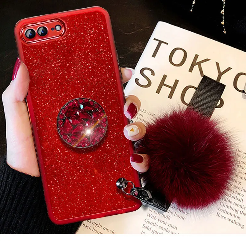 7Plus Luxury Fur Ball Lanyard Case For iphone 7 7Plus 8Plus 6Plus 8 14 Plus SE 2020 Glitter Case 8Plus With Diamond Holder Cover