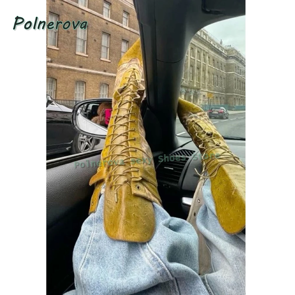 

Leopard Cross Tied Knee High Boots Pointed Toe Stiletto Mixed Colors Sexy Spicy Girl Fashion Boots Street Style Patchwork Shoes