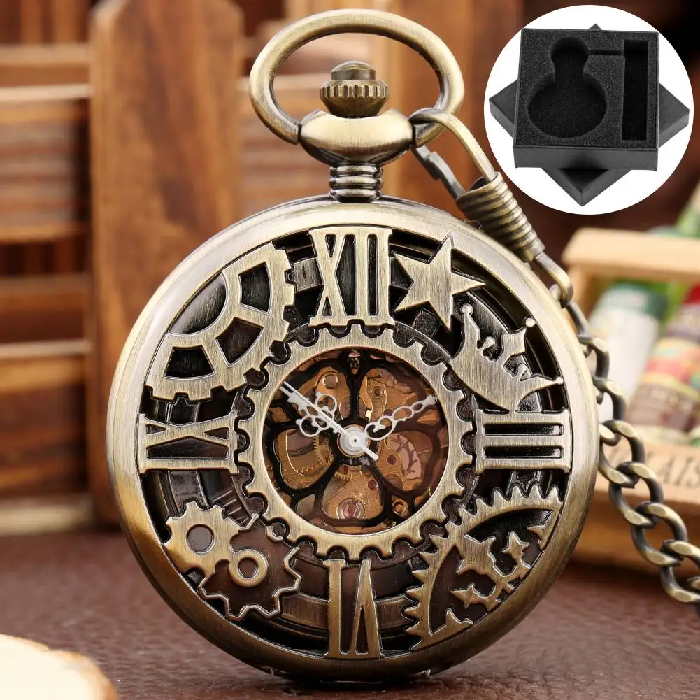 Bronze Mechanical Hand Winding Pocket Watch Hollow Gearwheel Roman Numerals Cover Design Fob Chain Pendant Retro Timepiece Gift
