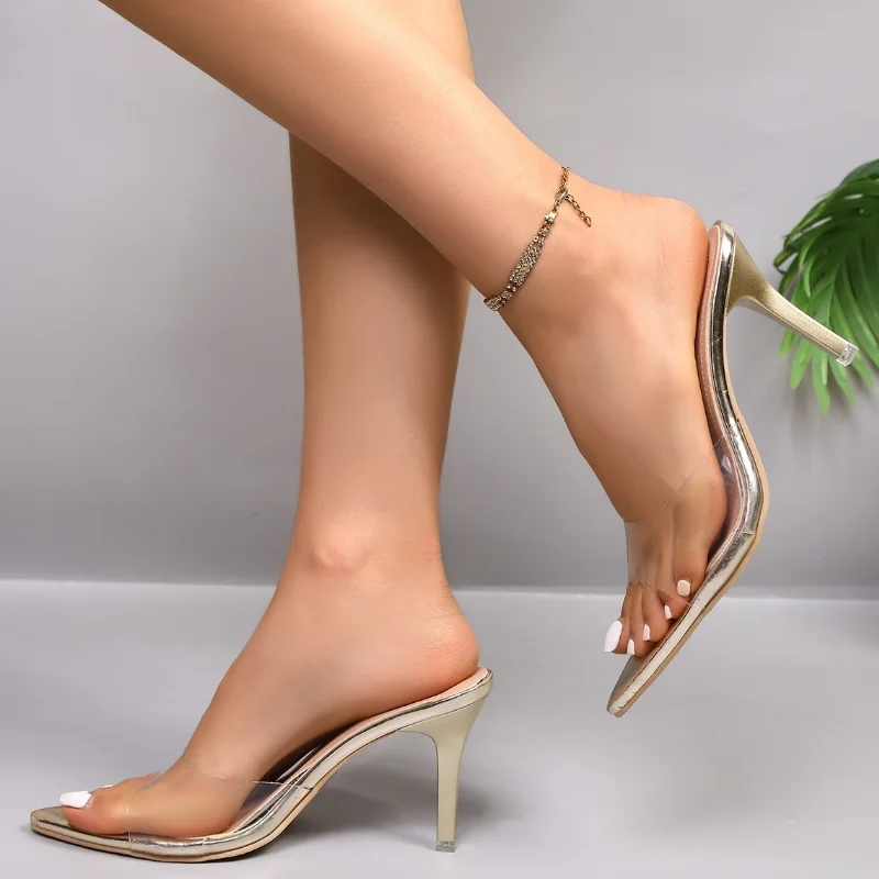 2026 New Transparent Slippers Ladies Thin High Heels Summer Outdoors Sexy Women Shoes Fashion Square Toe Sandals