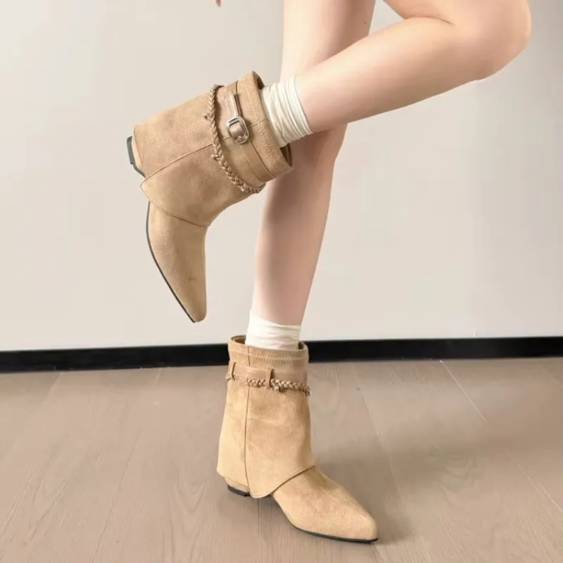 2026Retro Detachable Pant-leg Boots for Women, New Style with Slouchy Pointed Toes, Woven Belt Buckle, Trendy Slim Boots