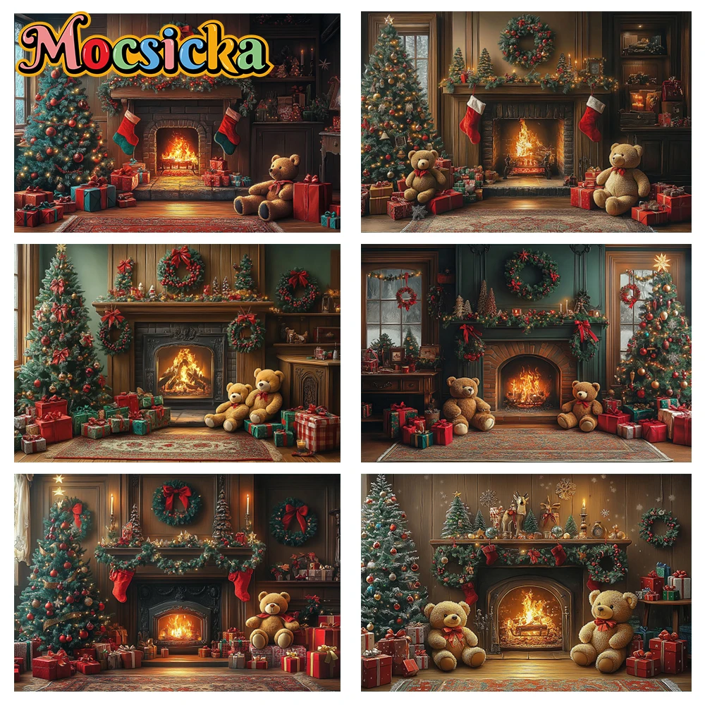 

Mocsicka Winter Christmas Photography Background Christmas Bear Warm Fireplace Holiday Party Family Photo Backdrops Studio Props