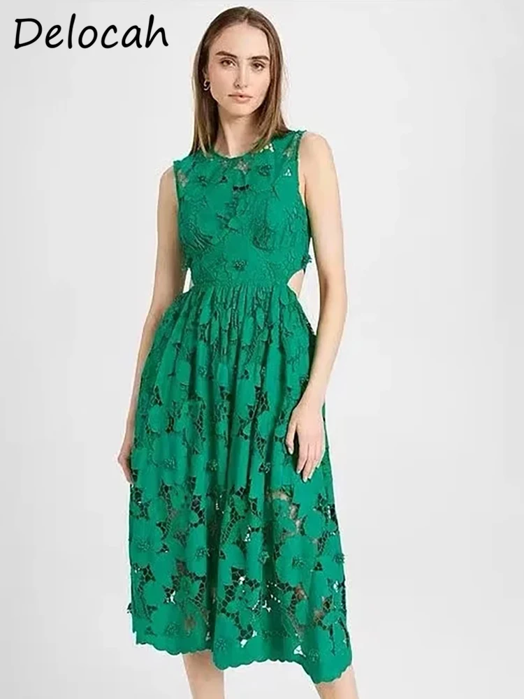 Delocah High Quality Summer Women Fashion Designer Green Dress Hollow Out Embroidery Patchwork Big Swing Sleeveless Tank Dresses