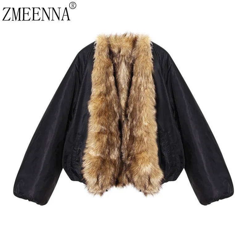 ZMEENNA 2024 Winter Black Long Sleeve Cardigan Fur Coats For Women Fashion Female New Elegant Tops Wear ZM624