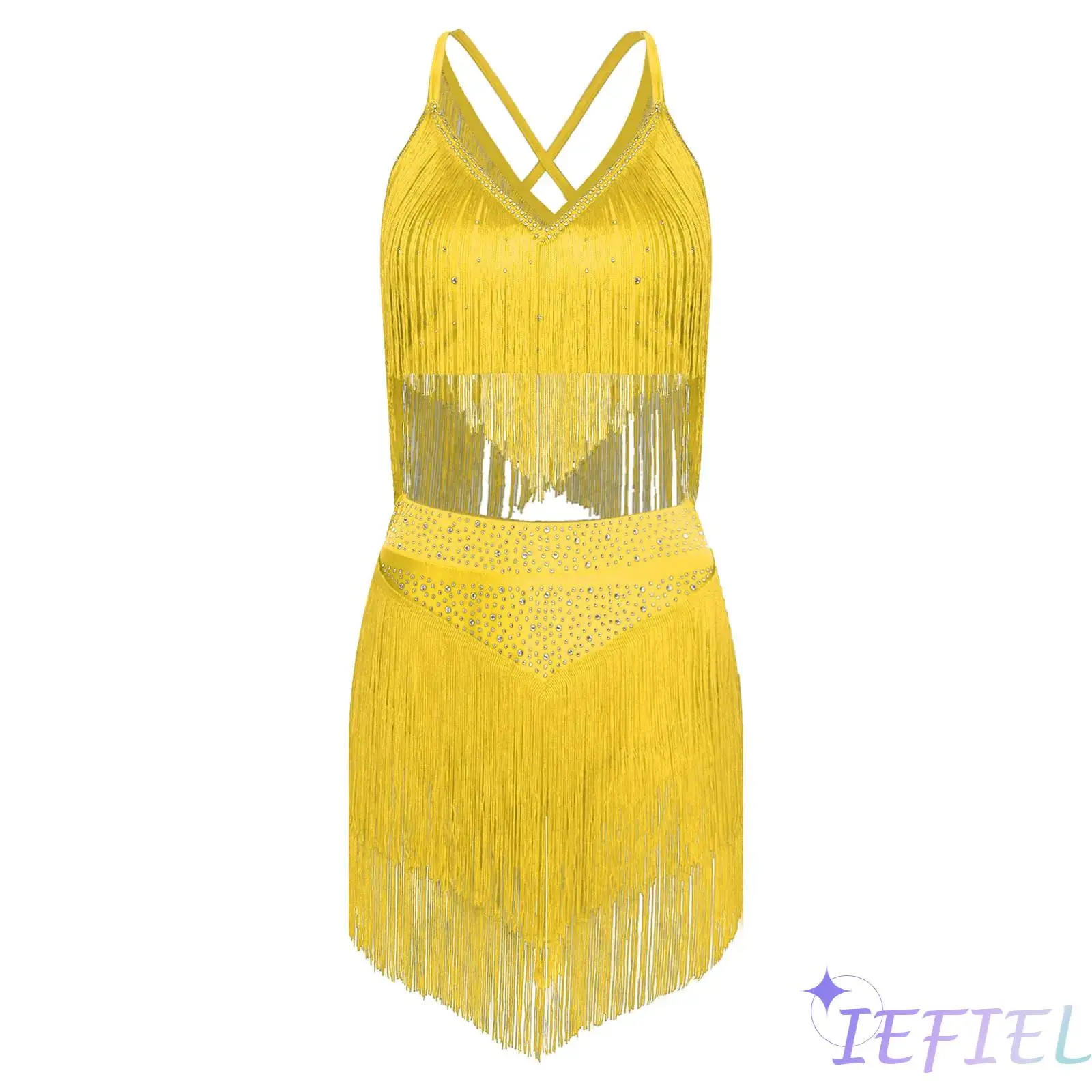 

Women Performance Competition Costume Latin Dance Set Sleeveless Crisscross Back Strap Fringe Crop Top with Tiered Tassels Skirt