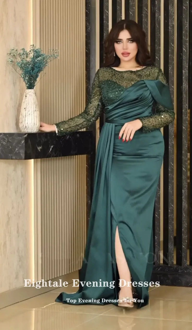 Eightale Dark Green Evening dresses for women Customized Long Sleeve Satin Arabic Prom Party Gown Wedding sukienki na studniówkę