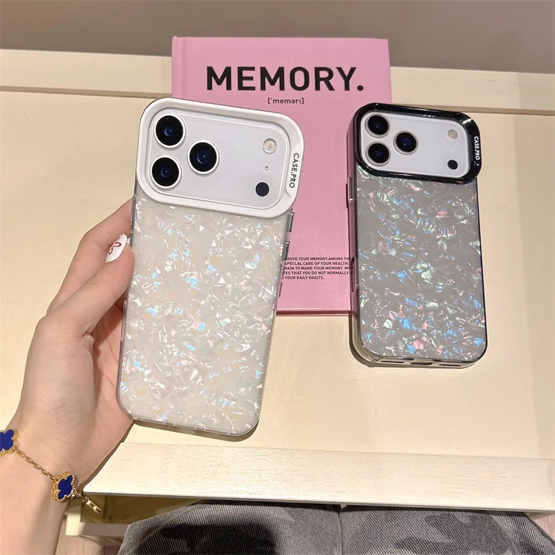 

Luxury Marble Laser Shell Glitter Phone Case For iPhone 17 Air 16 15 14 13 12 11 Pro Max Plus TPU Frame Hybrid Shockproof Cover