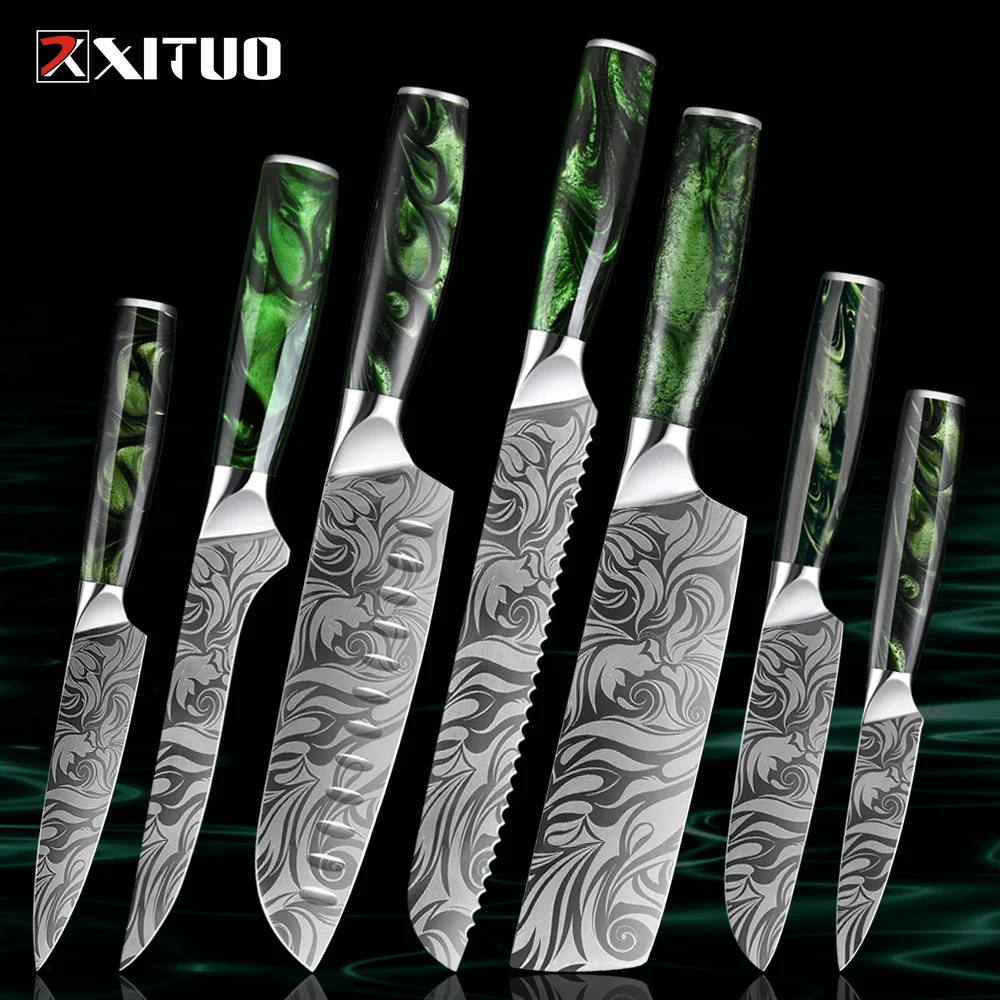 Premium Kitchen Knife Set Laser Pattern Stainless Steel Chef Knives Ultra-sharp Utility Santoku Bread Slicing Knife Resin Handle