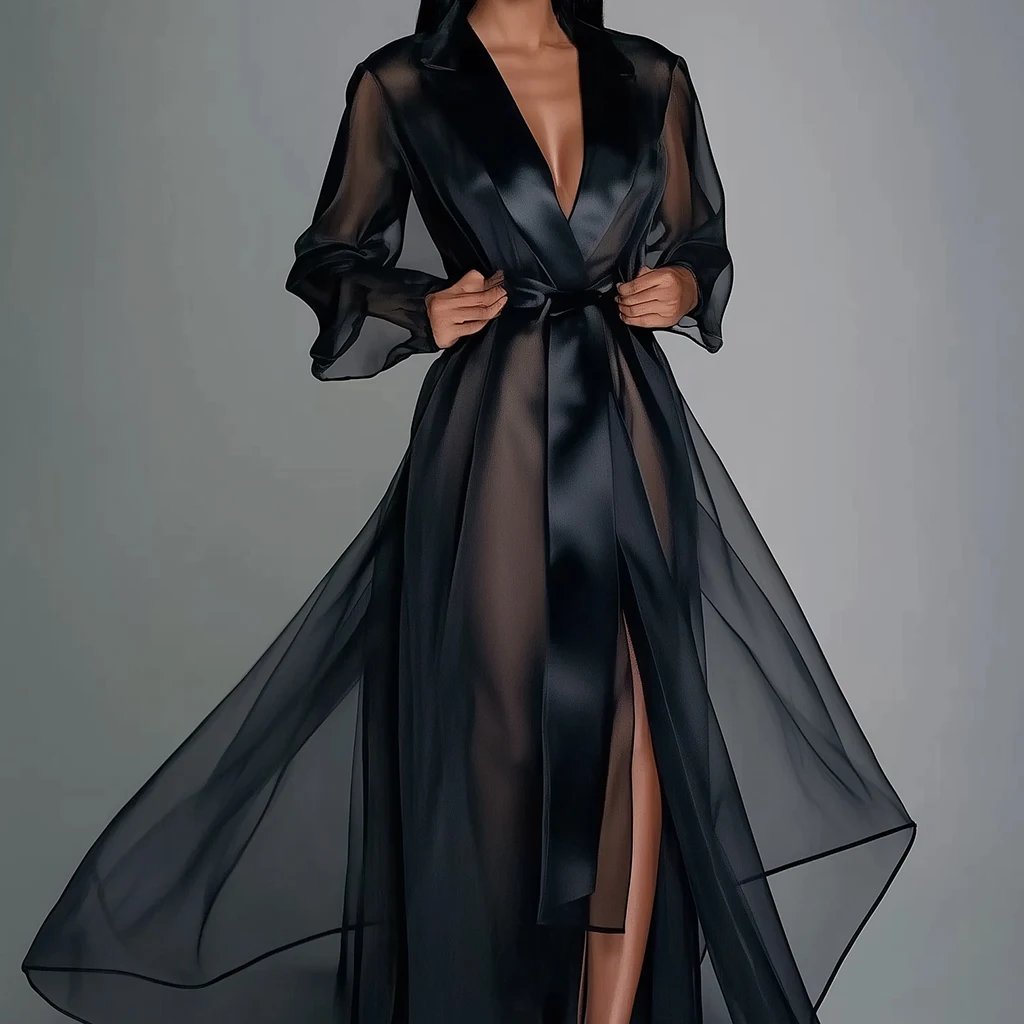 Femmes Robe Maxi solide Organza voir à travers revers à manches longues Robe été automne mode à lacets Robe Satin soie Robe de soirée