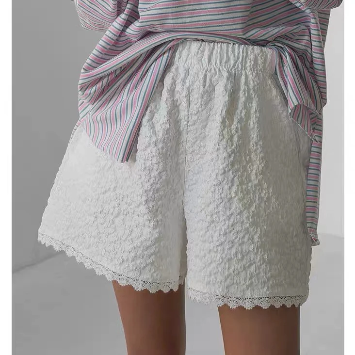

Casual Korean Style Elastic Waist Lace Trim Short Pants Straight Leg Summer Shorts Women's Fashion Comfortable Breathable