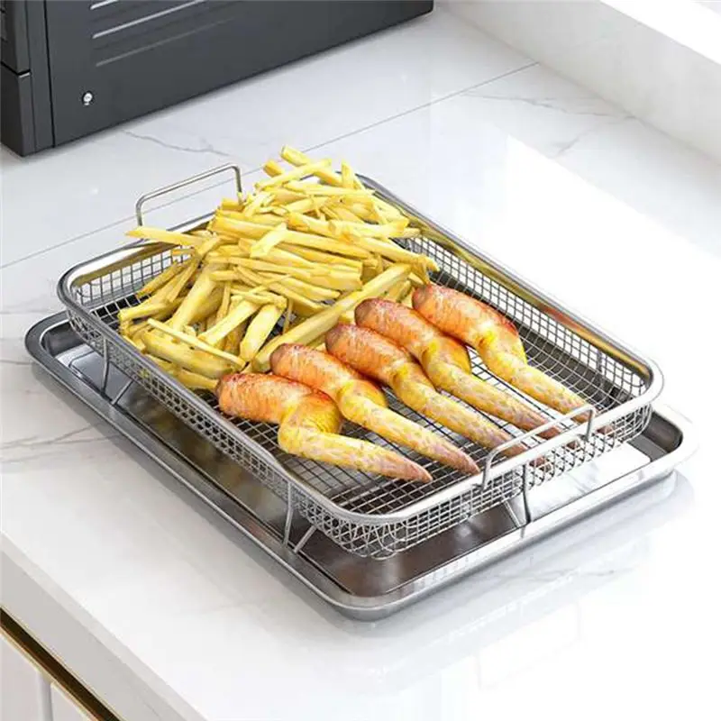 

A33R-Rectangular Basket For Oven Stainless Steel Crisper Tray And Pan Deluxe Air Fry In Your Oven For The Grill
