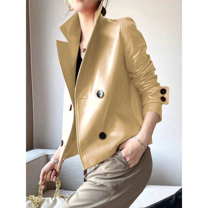 Modigirl Herbst Winter Gold Faux Leder Jacken Frauen 2024 Neue Outwear Lange Ärmel PU Leder Kurze Mäntel Outwear für Weibliche