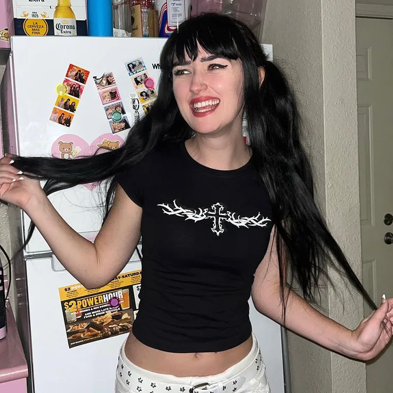 Sexy Harajuku Y2K Sweet Girl Slim Fit Open Navel Trendy Creative Pattern Damen T-Shirt