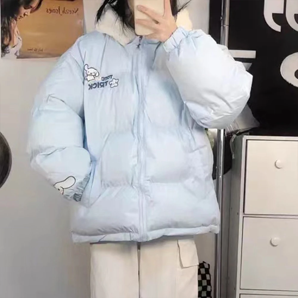 

Женский зимний пуховик с героями мультфильмов Sanrio Cinnamoroll, хлопковая одежда, утепленное пальто с капюшоном в стиле аниме, теплые милые милые топы, свободные для отдыха