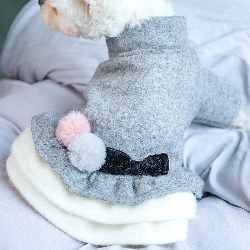 1PC Pet Clothes Cat Autumn/Winter Thick Double Ball Bow Grey Princess Skirt Suitable for Small and Medium sized Dogs