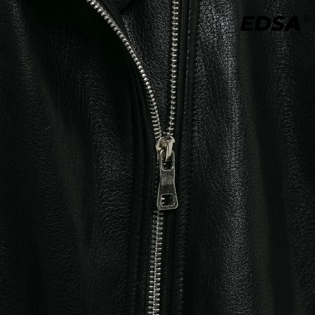 Veste en cuir PU pour femmes EDSA, noire, fermeture éclair sur le devant, col à revers, manches longues, vêtement d'extérieur décontracté pour femmes