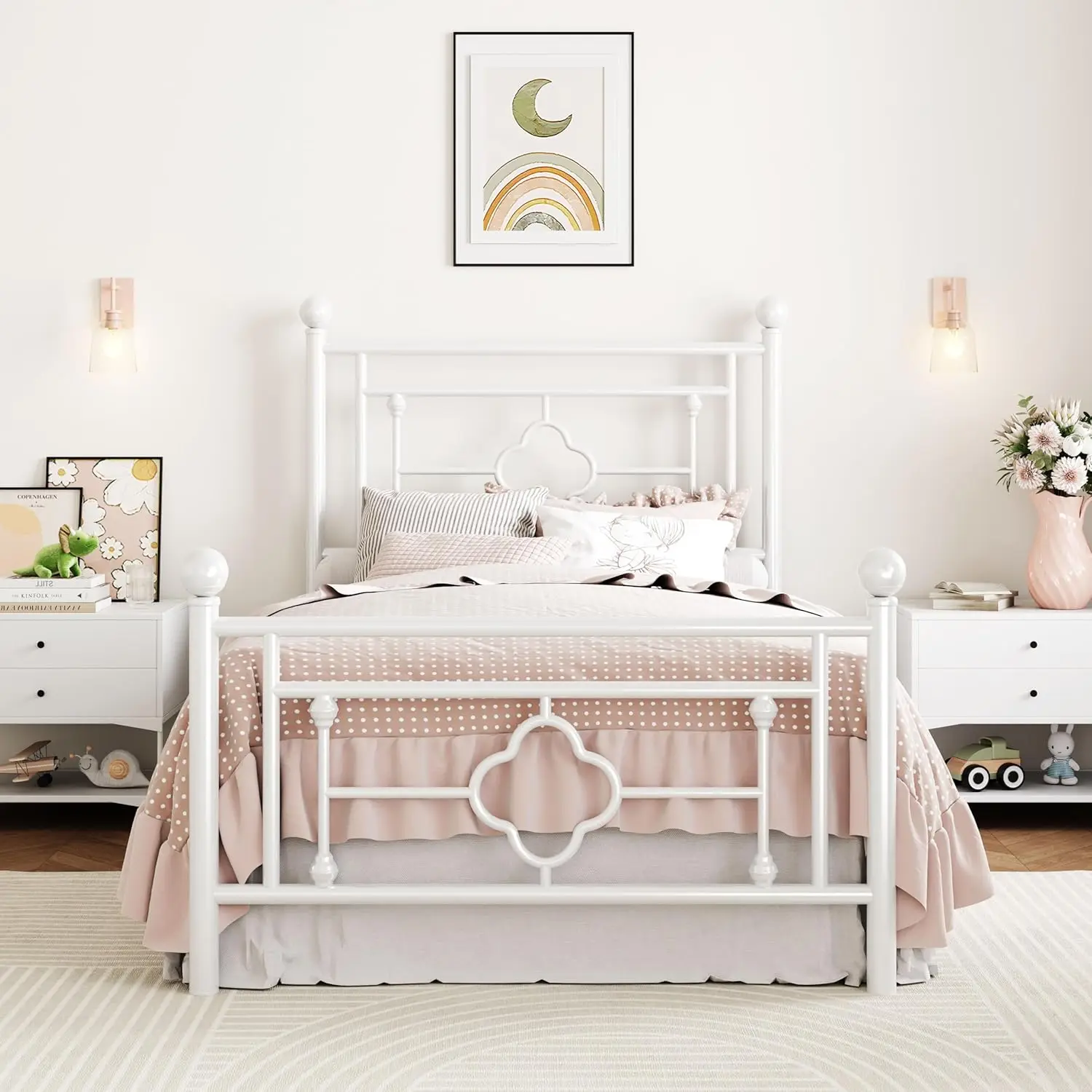 

14-Inch Twin Metal Platform Bed Frame with Vintage Headboard, Under-Bed Storage, Easy Assembly, White