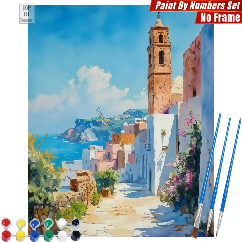 Pintura por Números de Flores de una Ciudad Costera Mediterránea - Decoración de Habitación con Flores y Campanario, Regalo del Día del Padre para Papá