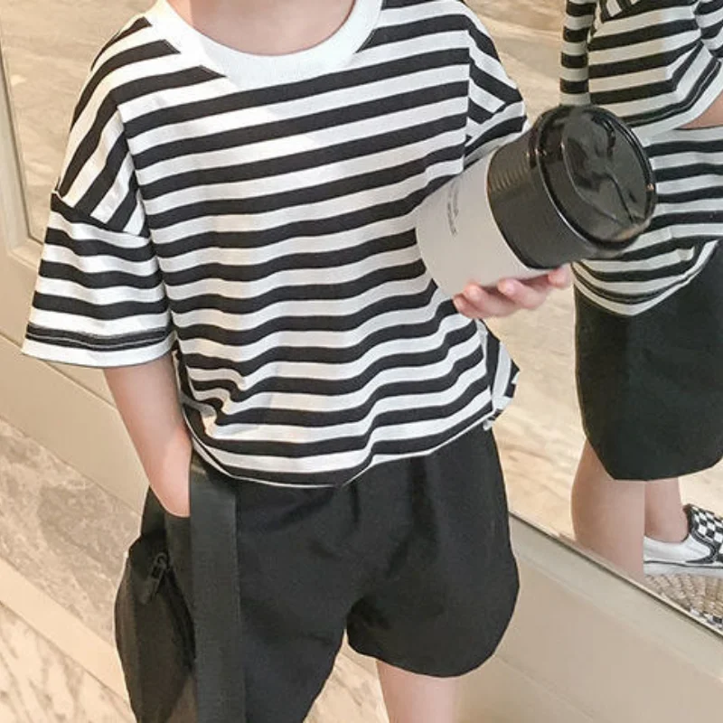 2023 Children Summer Refreshing Fashion Casual Striped Printed Round Neck Short Sleeve Trend All-match Loose Cotton Boys T-shirt