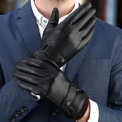 Guantes de cuero PU para hombre, manoplas negras para mantener el calor, pantalla táctil, a prueba de viento, conducción, negocios, Otoño e Invierno