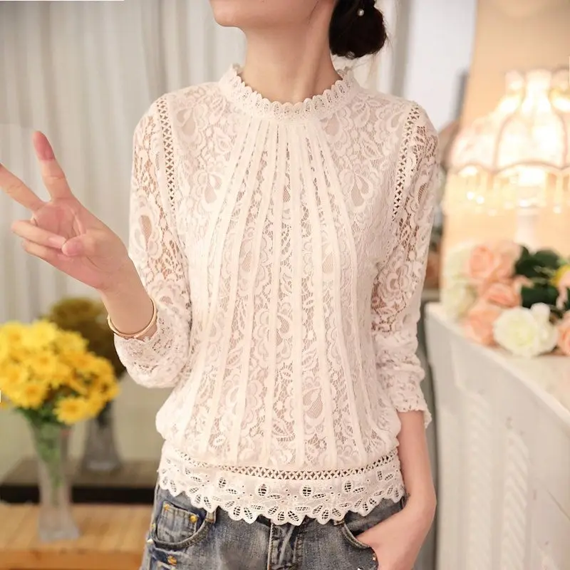 Fashion Stand Collar Spliced Hollow Out Lace Blouses Female Clothing 2024 Autumn New Loose Solid Color Chic Tops Sweet Shirts