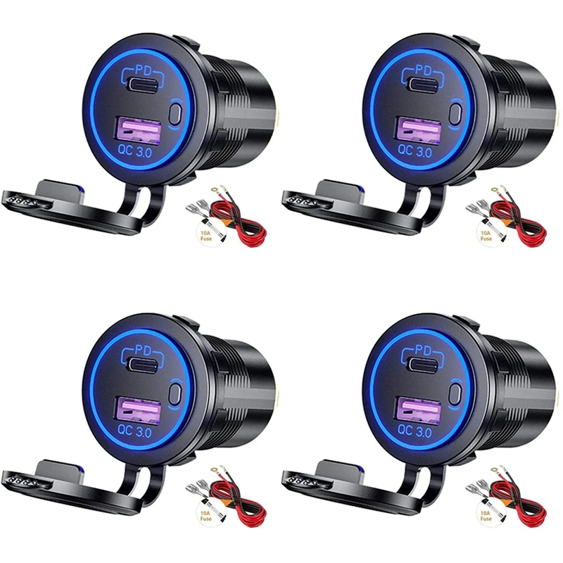 4X PD Type C USB Car Charger And QC 3.0 Quick Charger 12V Power Outlet Socket With ON/Off Switch Blue