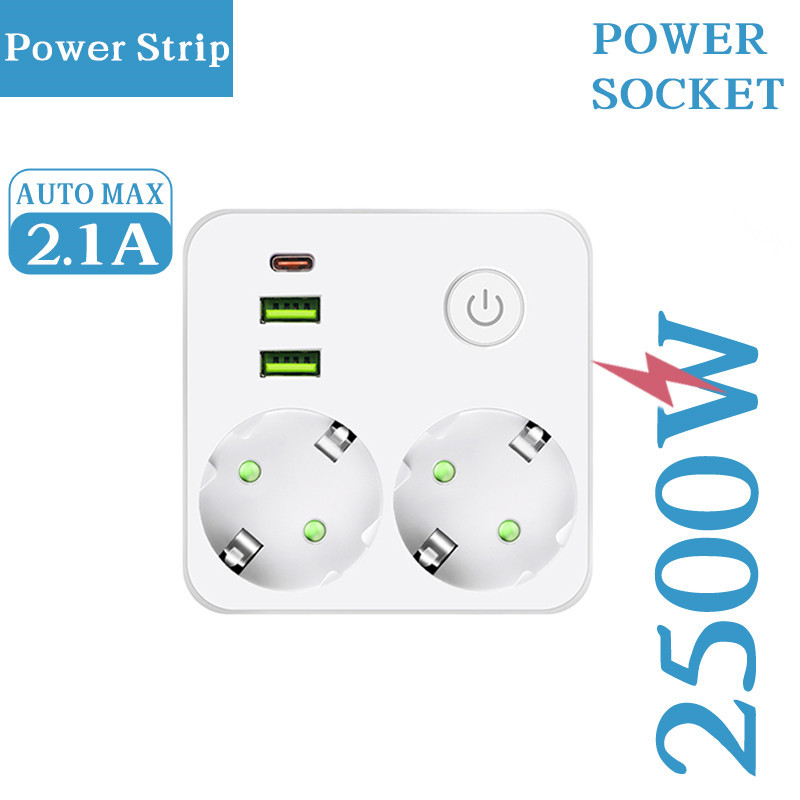  EU Plug Outlet 2 Sockets Multitap Wall Power Strip Electrical Socket No Extension Cord with 2 USB 1 Type-C Ports 2500W MAX Power 