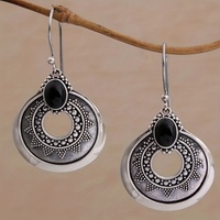 Retro Fashion Inlaid Black Stone Ancient Earrings Women Creative Bohemian Carved Pattern Cocktail Party Antique Earrings Jewelry
