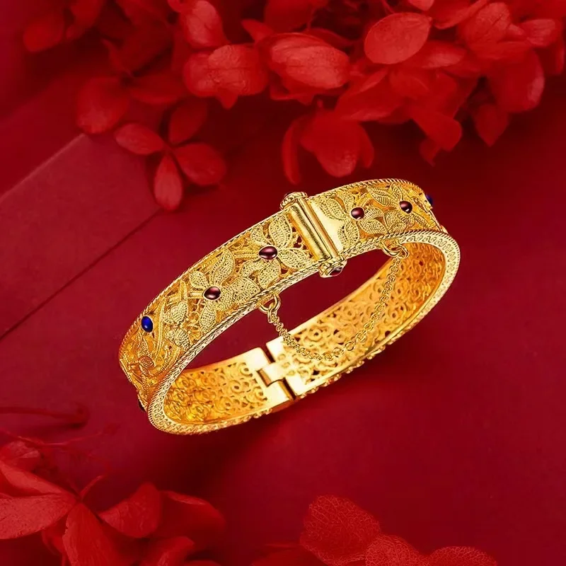 Pulsera de Orquídea de cymbidio de esmalte de marea nacional de oro amarillo de 24K real 9999 para mujer, brazalete a presión de estilo Retro de corte, hueco